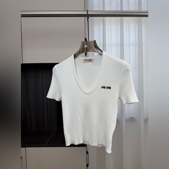 Miu Miu Tops - Miu Miu White Ribbed Scoop Neck Short Sleeve Tee